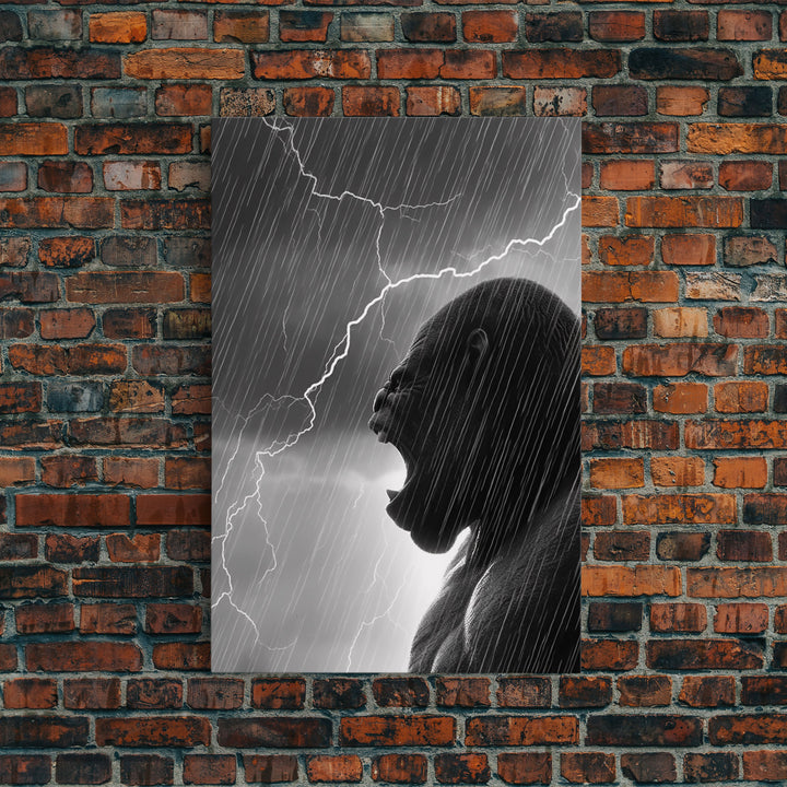 Gorilla Roaring In A Thunder Storm, Framed Canvas Print, Cool Wall Art, Ape Art