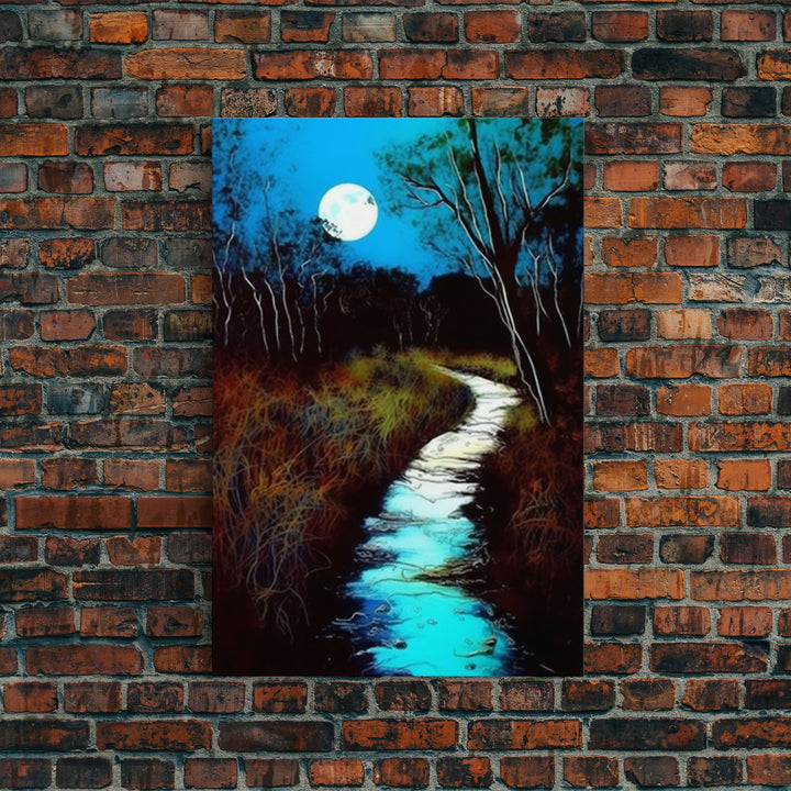 Spooky Art, Full Moon Over a Calm Stream At Night, Framed Canvas Print, Nature / Landscape Painting