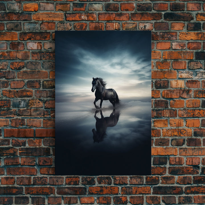 Majestic Black Stallion Galloping In The Clouds - Black Horse On Salt Flats - Framed Canvas Print - Nature Photography Art