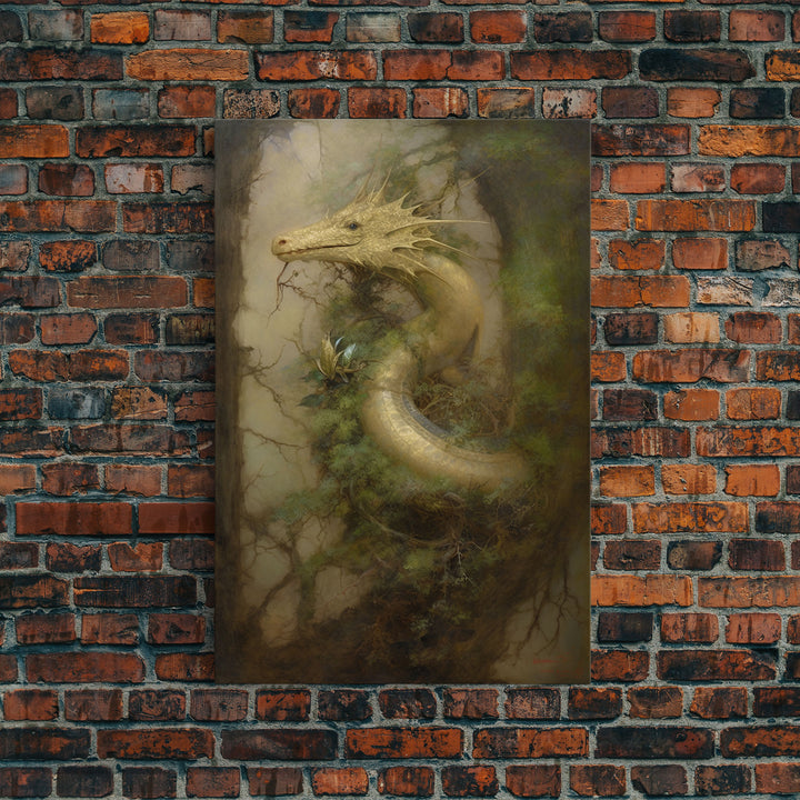 Majestic Green Dragon Wall Art, Framed Canvas Print, Dragon Fantasy Painting, Garden Dragon Abstract Fantasy Art