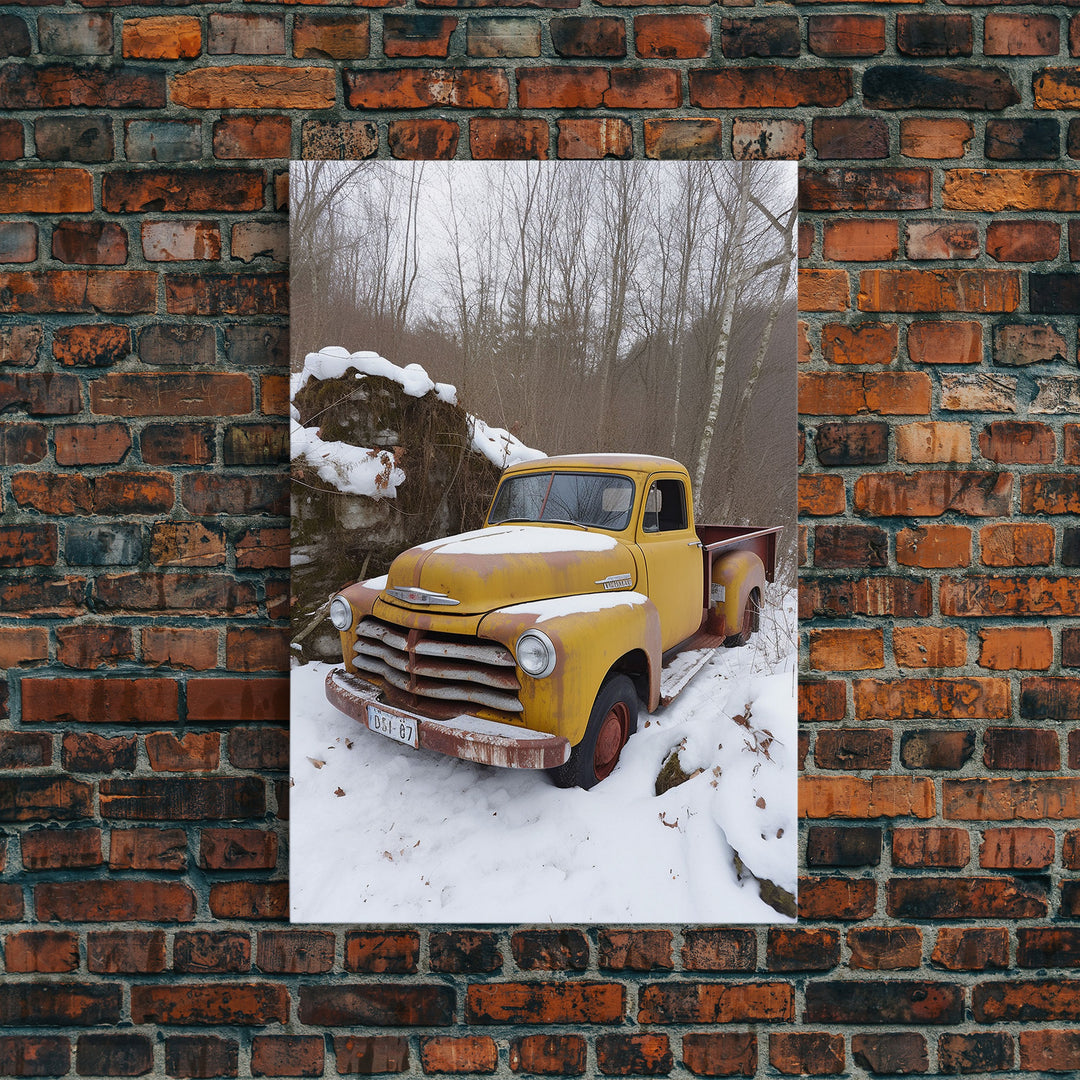 Vintage Snow Covered Chevy Truck, 1950s Truck, Framed Canvas Print, Rusty Truck Photography