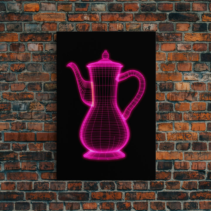 Pink 3D Cofee Pot Wall Art, Kitchen Wall Decor, 3D Art, Neon Lights, Minimalist Print, Wall Decor, Canvas Print, Wall Art, Framed Canvas