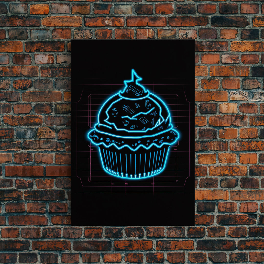 Teal Neon Lights Cupcake Wall Decor, Kitchen Wall Art, Glowing Art, Minimalist Print, Wall Decor, Canvas Print, Wall Art, Framed Canvas