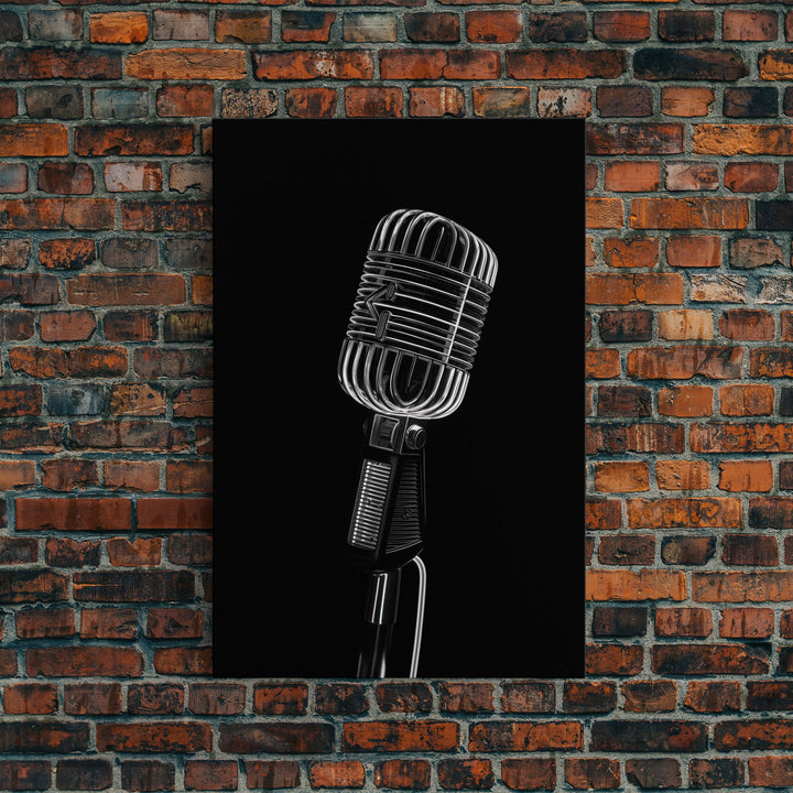 Silver Retro Microphone Wall Art, Mic Wall Art, Music Room Wall Art, Minimalist Print, Wall Decor, Canvas Print, Wall Art, Framed Canvas