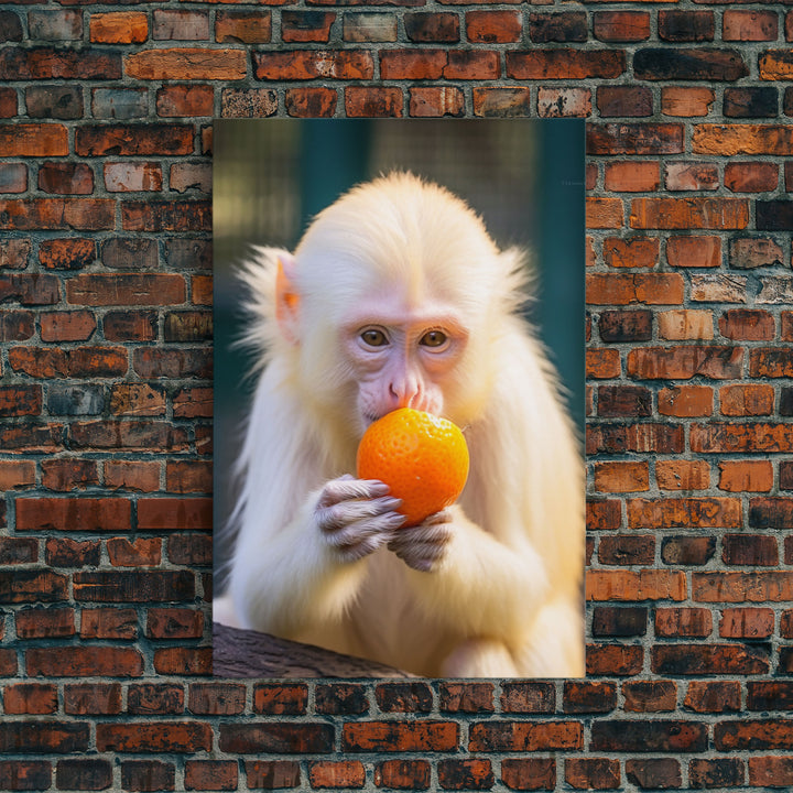 White Monkey Wall Decor, Albino Monkey Wall Art, Monkey Eating Orange, Animal Wall Art, Wall Decor, Canvas Print, Wall Art, Framed Canvas