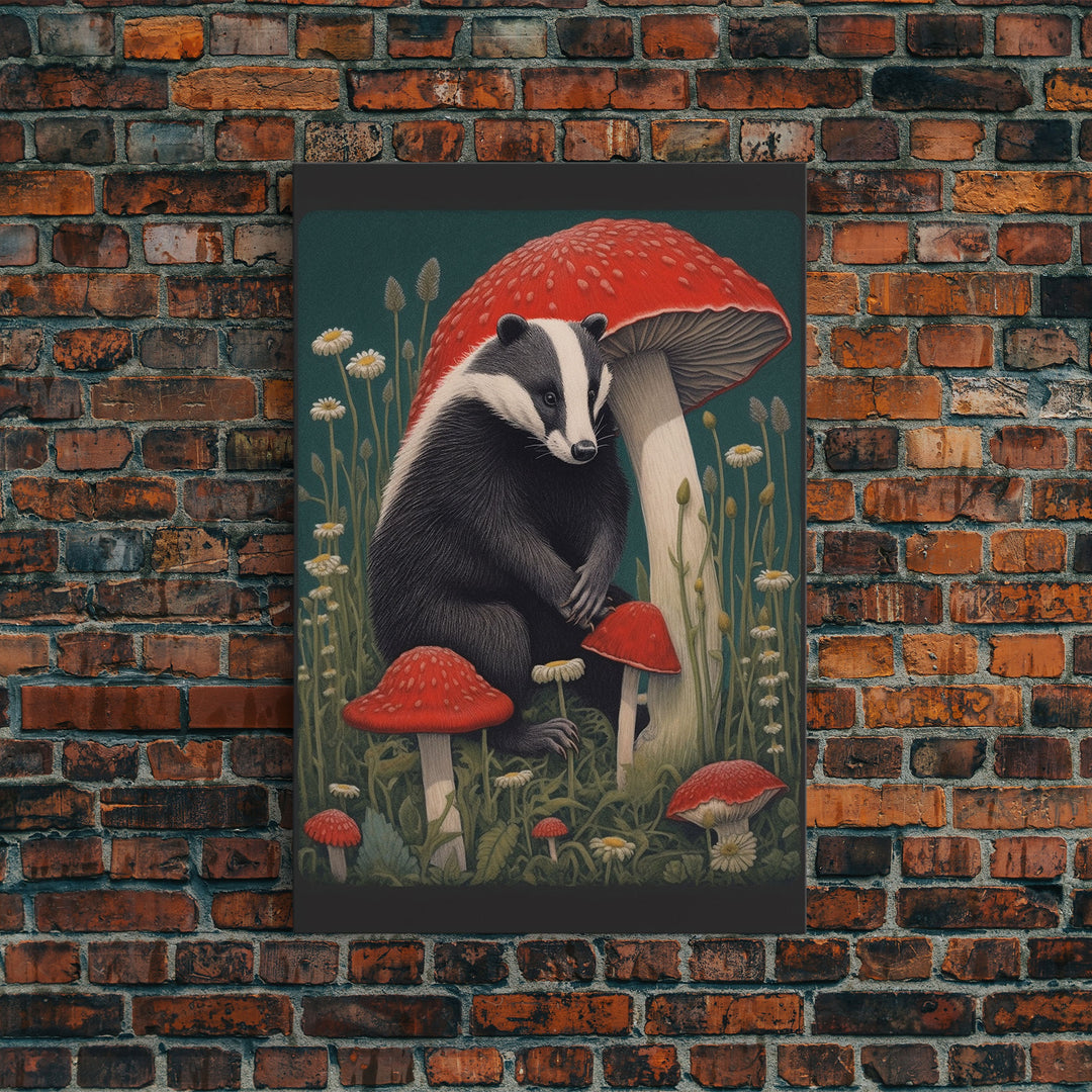 Badger Wall Decor, Cute Badger, Mushrooms Wall Decor, Animal Wall Art, Wall Decor, Canvas Print, Wall Art, Framed Canvas