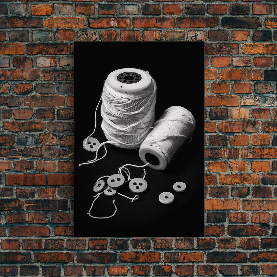 Thread And Buttons Wall Art, Sewing Room Wall Art, Black And White, Minimalist Print, Wall Decor, Canvas Print, Wall Art, Framed Canvas