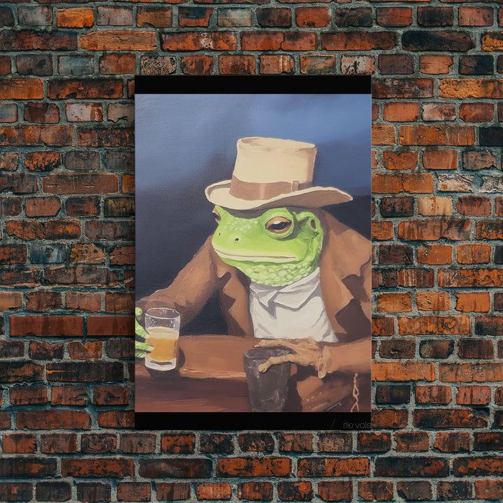 Sad Cowboy Frog Havin' a Beer, Cowboy Frog Framed Canvas Print