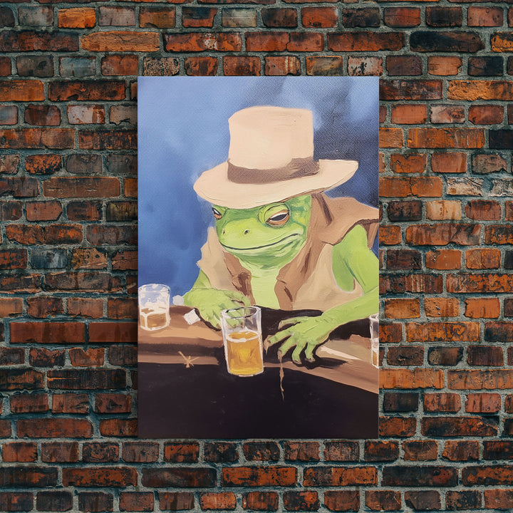 Sad Cowboy Frog Havin' a Beer, Cowboy Frog Framed Canvas Print