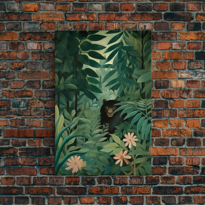 Rousseau Inspired Botanical Print, Framed Canvas Art, Bear Hiding In The Jungle, Dark Green Wall Art, Emerald Green Wall Art, Poster Print