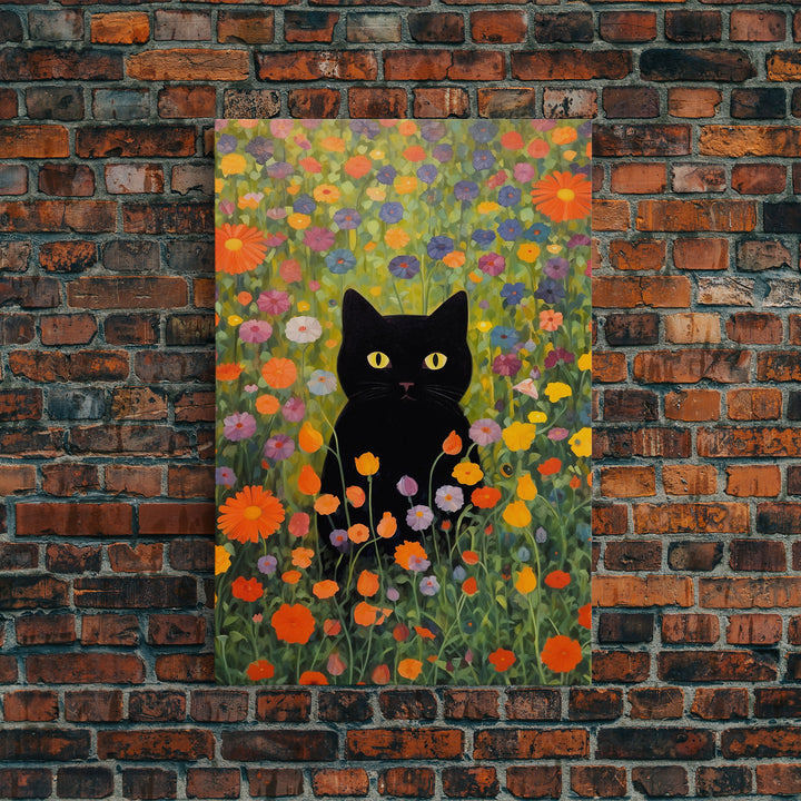 Gustav Klimt Inspired Garden Cat, Funny Black Cat Art, Framed Canvas Print, Fine Art Poster, Cute Cat Art, Funny Gift, Funny Cat Prints