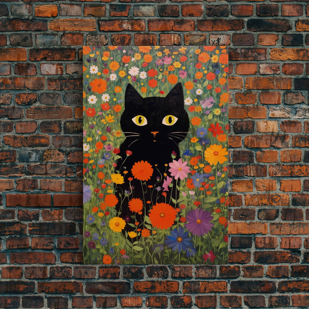 Gustav Klimt Inspired Garden Cat, Funny Black Cat Art, Framed Canvas Print, Fine Art Poster, Cute Cat Art, Funny Gift, Funny Cat Prints