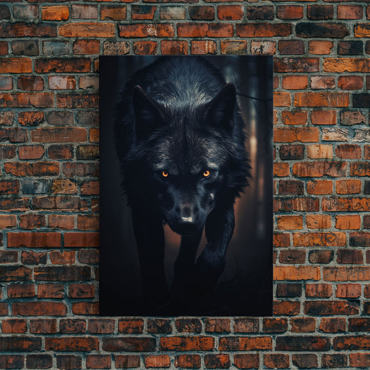 Wolf Print, Black Wolf On The Hunt, Framed Canvas Art