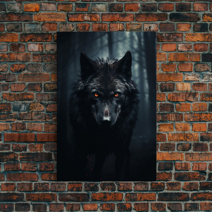 Red Eyed Wolf Print, Black Wolf On The Hunt, Framed Canvas Art