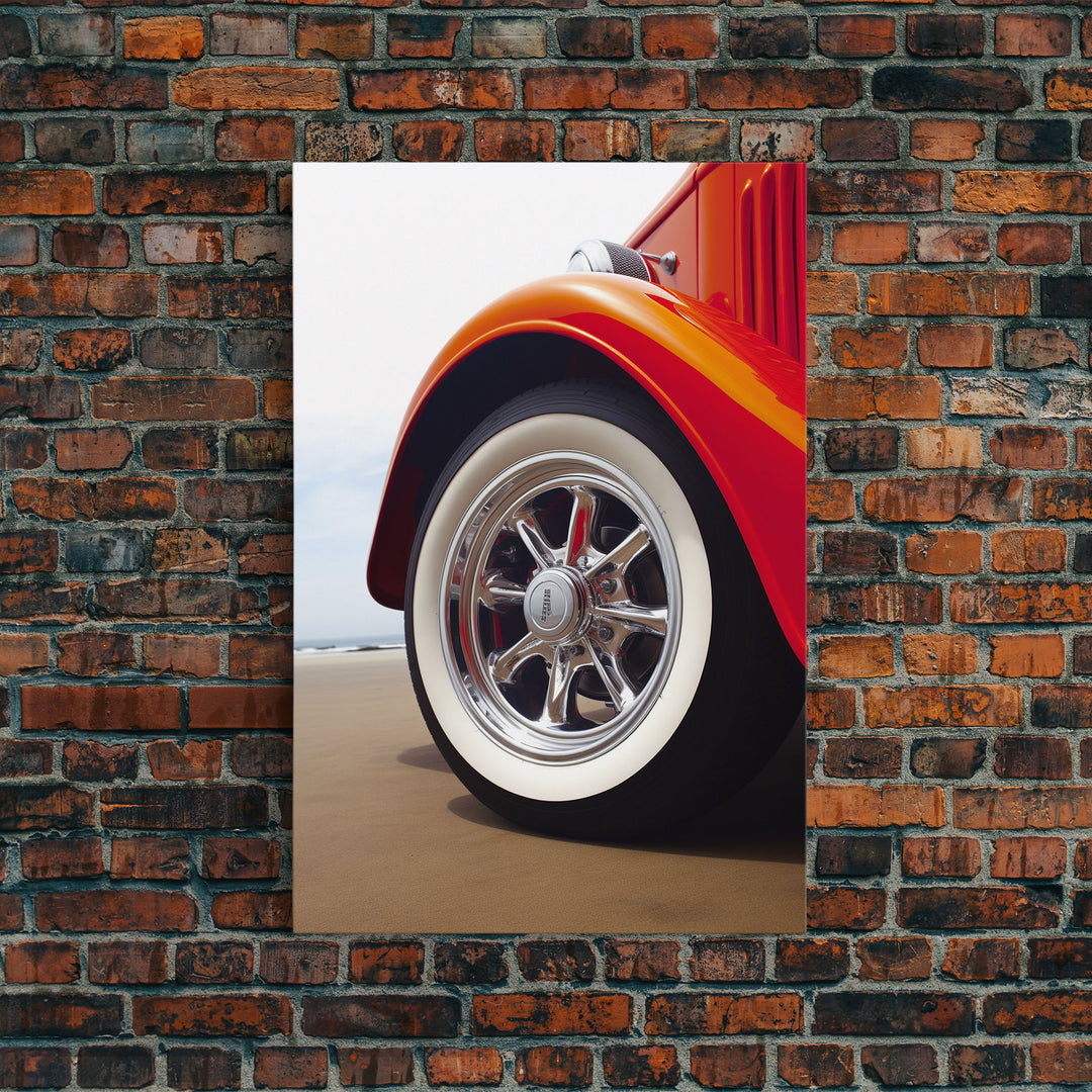 Hot Rod Art, Hot Rot Photography Print, Framed Canvas or Poster, Close Up Shot Of 1930s Hot Rod Chrome Rims, Orange Hot Rod, Gift For Him