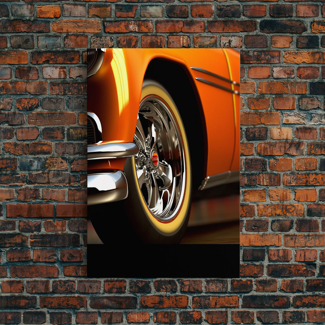 Hot Rod Art, Hot Rot Photography Print, Framed Canvas or Poster, Close Up Shot Of 1950s Hot Rod Chrome Rims, Orange Hot Rod, Gift For Him