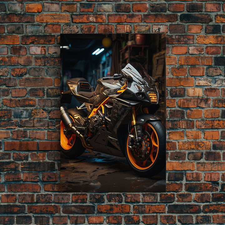 Sport Bike Wall Art, Framed Canvas Print, Futuristic Cyberpunk Motorcycle Wall Art