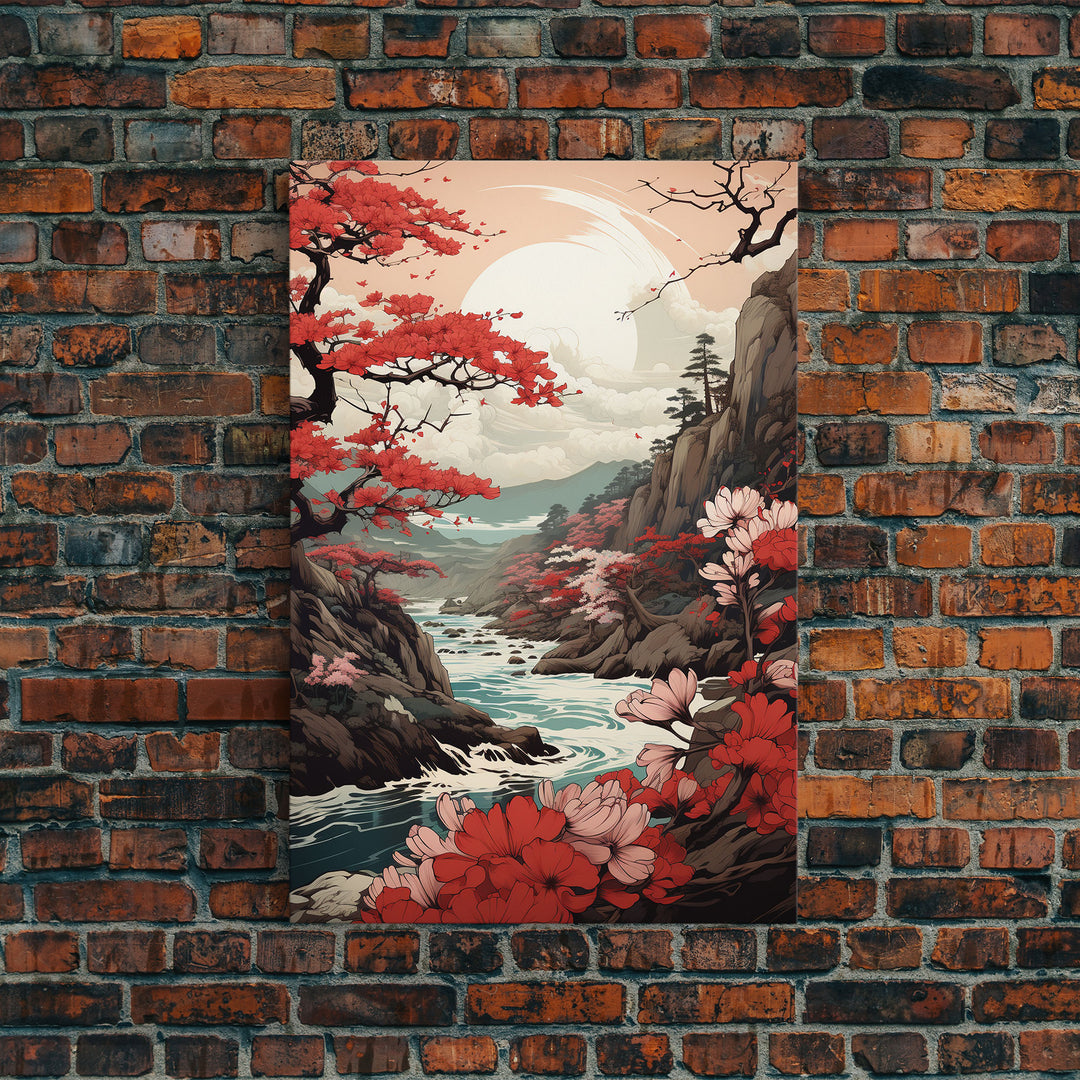 Japanese Wall Art, Japanese Maple Tree, Framed Canvas Print, Japanese Art, Japanese Hanging Wall Art, Red Maples Above A Calm Stream