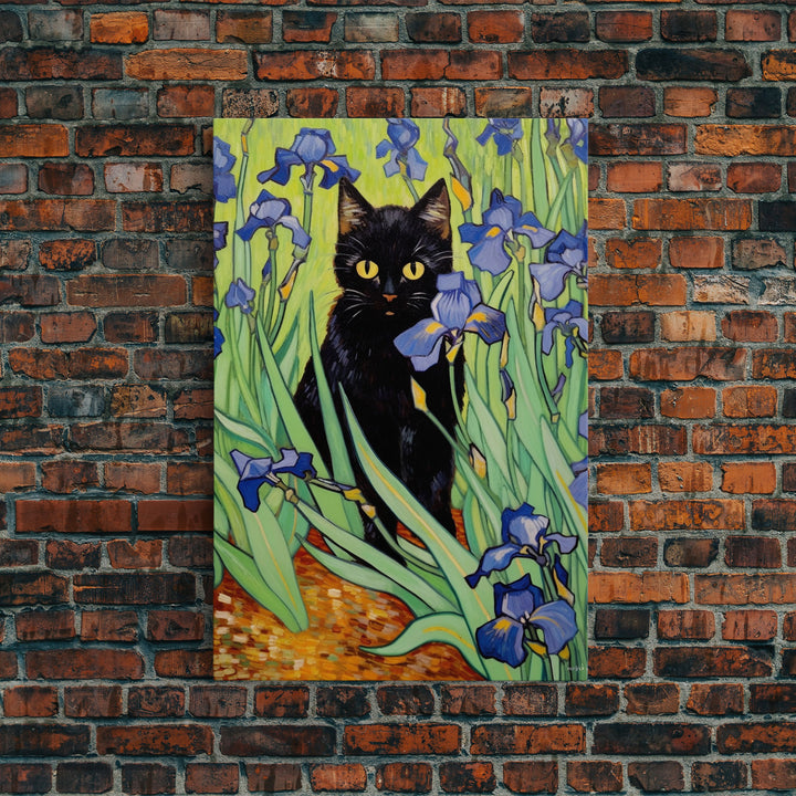 Vincent Van Gogh Inspired Irises Black Cat Wall Art, Framed Canvas Print, Poster Art, Funny Cat Print, Funny Gift, Home Decor Wall Art