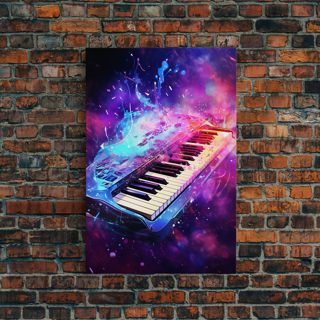 Cosmic Keyboard, Galaxy Music Art Framed Canvas Print, Electric Keyboard, Instrument Art, Studio Wall Decor