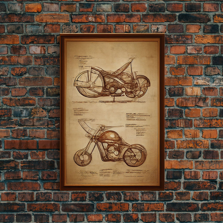 Steampunk motorcycle diagram wall art, canvas print, mancave decor, Da Vinci style diagram motorcycle art, abstract man cave art