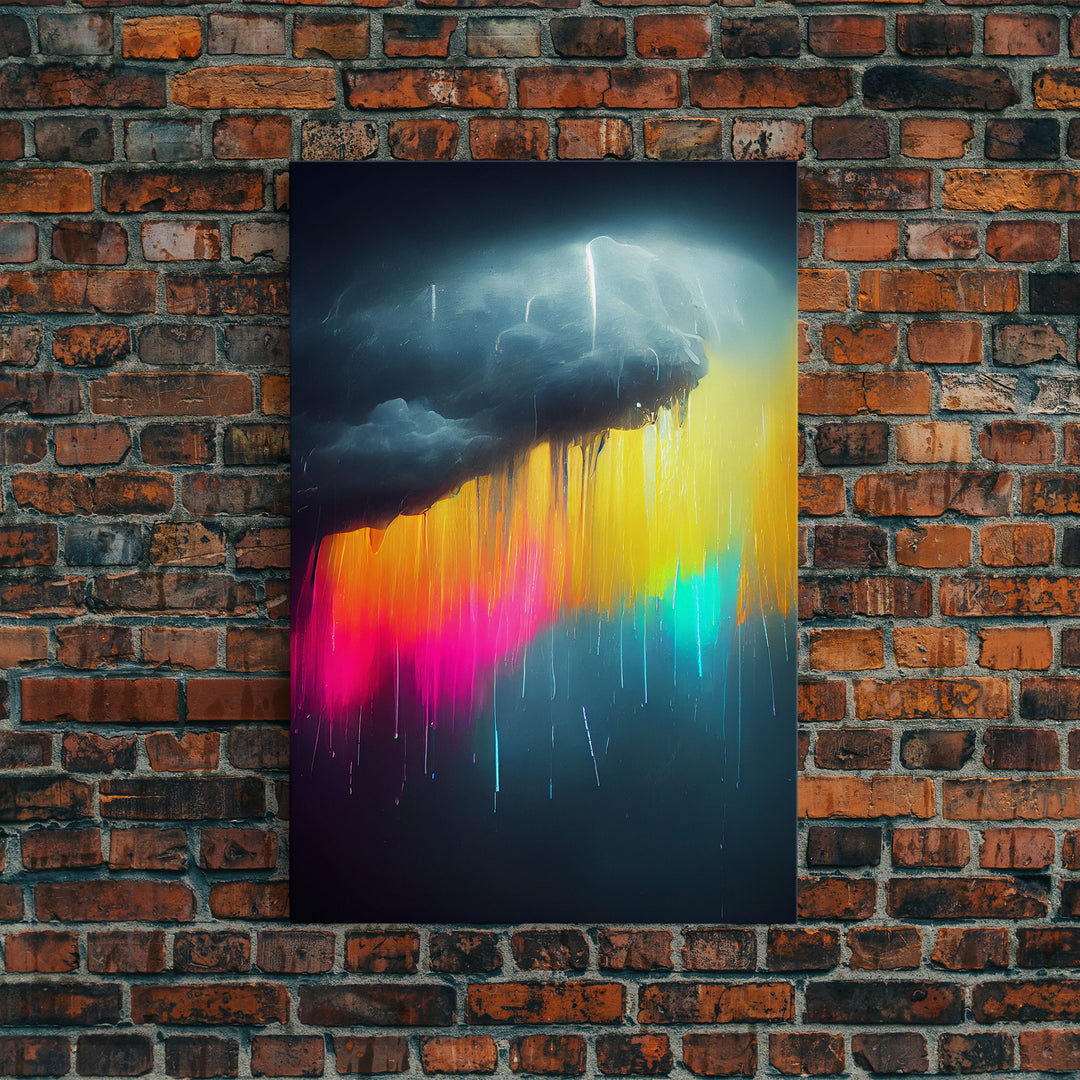 Rainbow In A Rain Cloud, Abstract Art Canvas Print, Lightning, Rain, Stormy Rainbow, Cool Wall Art, Colorful Wall Decor, Neon Rain Cloud