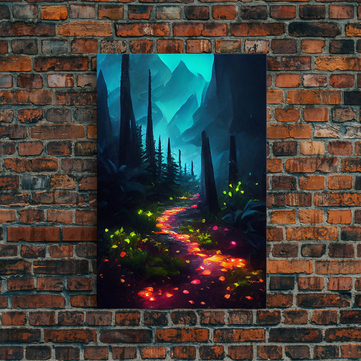 Luminescent magical forest canvas print, glowing trail though the trees, fantasy art