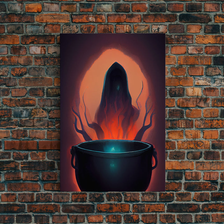 Spooky Witch's Cauldron Canvas Print, Halloween wall art, spooky home decor, creepy Halloween art, Cursed art