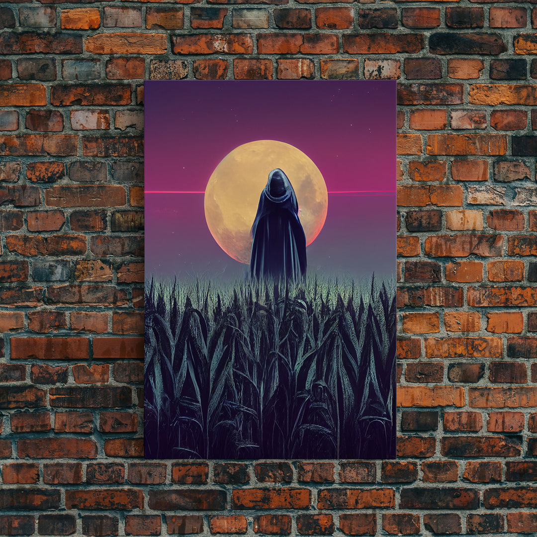 Spooky scarecrow in a corn field canvas print, full moon, Halloween art, scary art