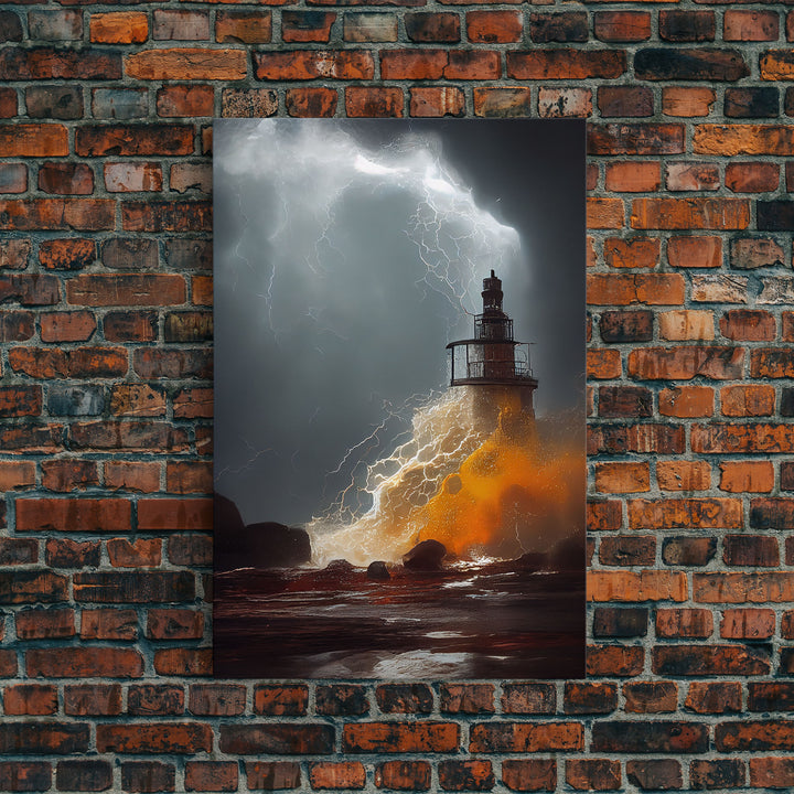 Lighthouse Oil Painting Canvas Print, Light house landscape print, Lighthouse in a storm with lightning and thunder, waves crashing