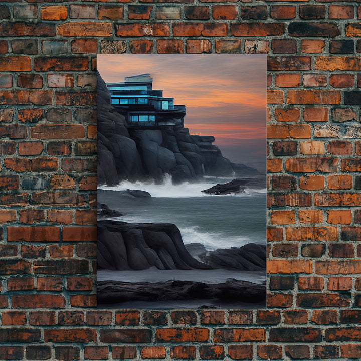 Midcentury modern house on a cliff, seaside home wall art, canvas print