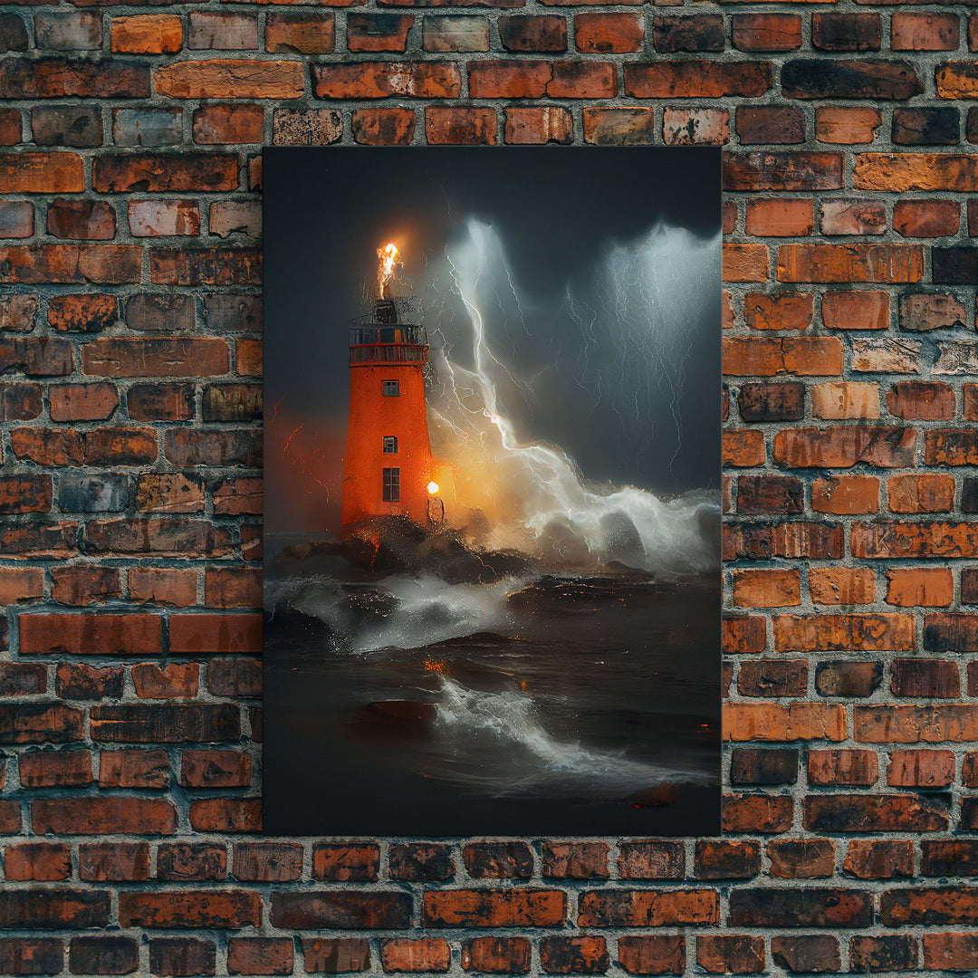 Lighthouse Oil Painting Canvas Print, Light house in a hurricane, dark stormy night, waves crashing