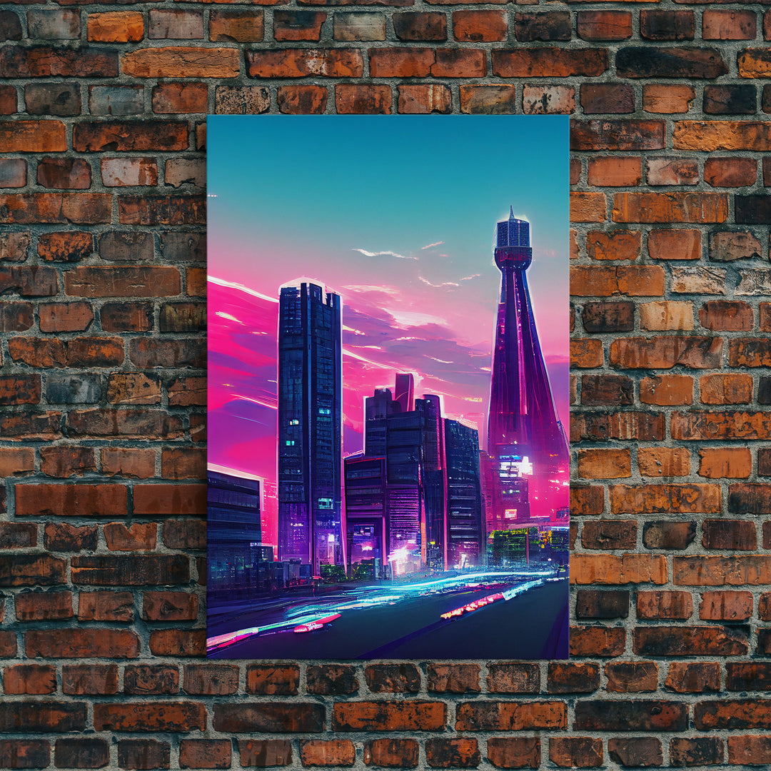 Vaporwave aesthetic wall art, cyberpunk city poster art, cool living room art, synthwave wall art, retro 80s style cyberpunk fine art print