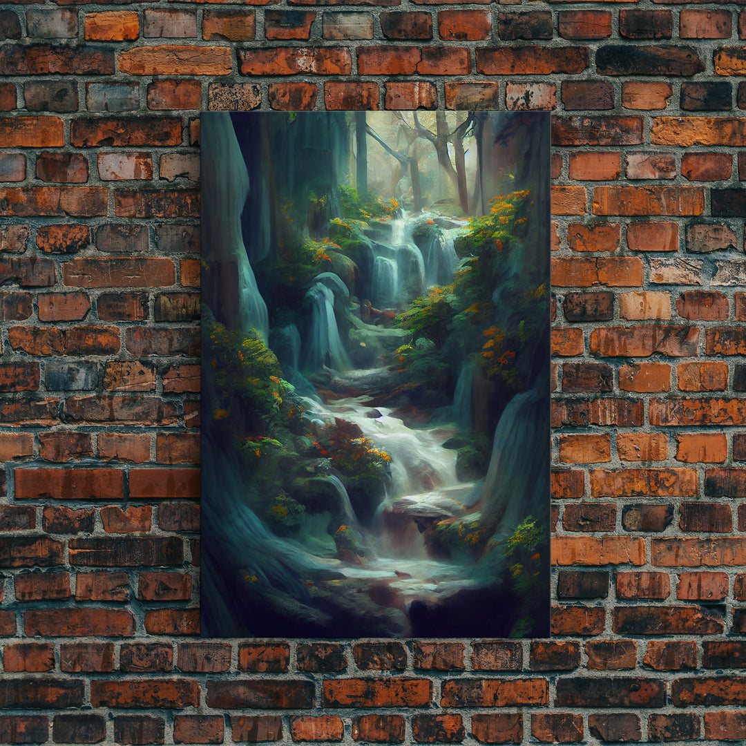 Waterfall painting canvas print, fantasy wall art, watercolor print, high fantasy, nature landscape wall art for living room