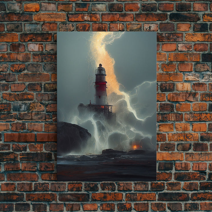 Lighthouse Oil Painting Canvas Print, Lightning striking a lighthouse during a dark stormy night, gloomy wall art