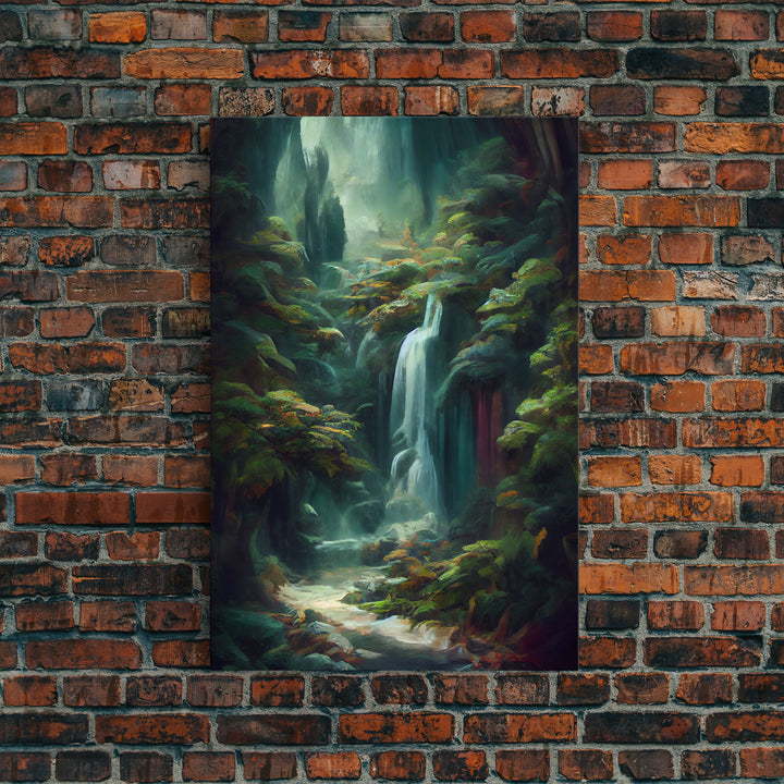 Waterfall in the forest canvas print, fantasy wall art, watercolor print, high fantasy, nature landscape living room wall art