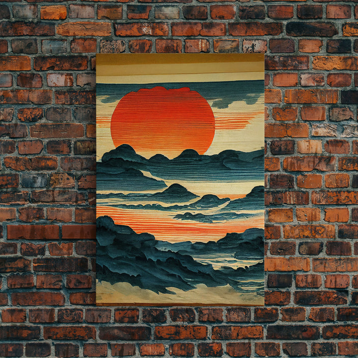 Hokusai style wall art, sunrise over the mountains, canvas print, woodblock print style art, Japanese style wall art