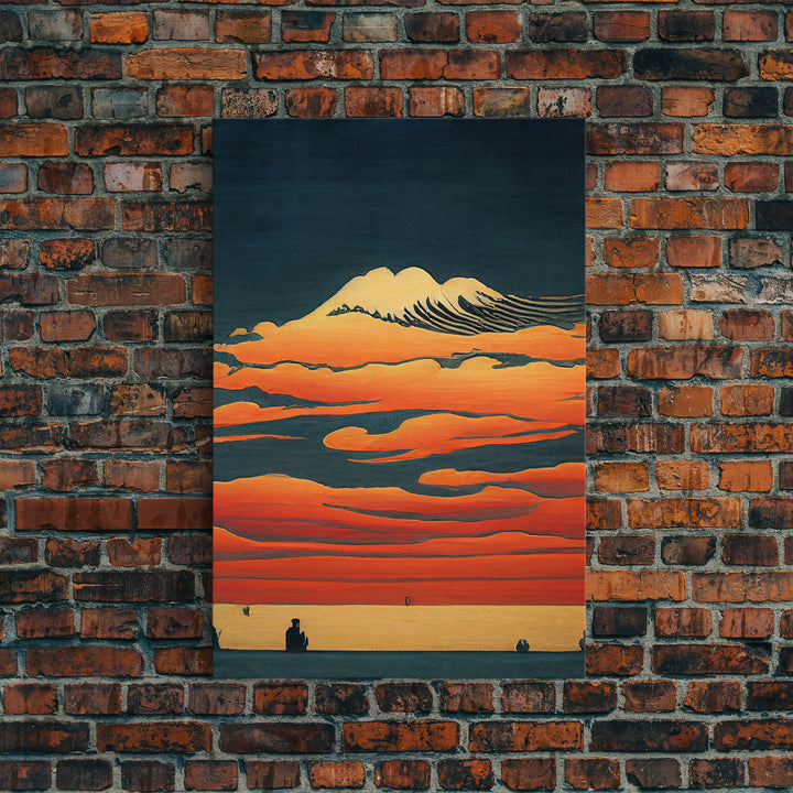 Retro Japanese style wall art, sunrise over the mountains, canvas print, woodblock print style art, Hokusai vintage style wall art