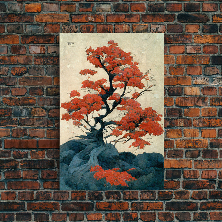 Japanese maple tree canvas print, vintage style wall art, woodblock print style wall art