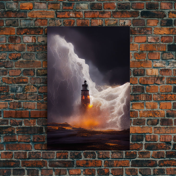 Lightning striking a burning lighthouse, canvas print, oil painting style, dark and gloomy wall art