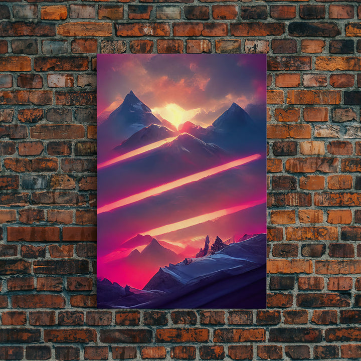 Vaporwave Mountain Landscape Canvas Print, Synthwave Landscape Art, Beautiful sunset in the mountains wall art, cool wall art