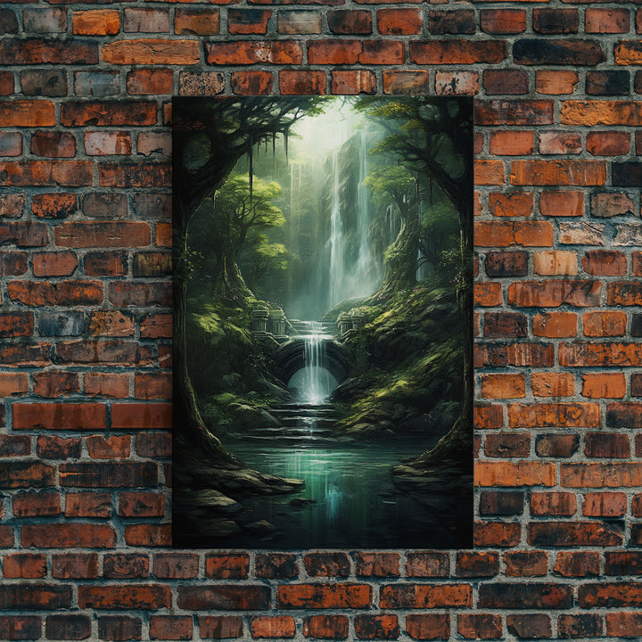 Enchanter Forest, Waterfalls Wall Art, Fantasy Artwork, Canvas Print, Wall Art, Vertical Print, Video Game Art, College Dorm Decor