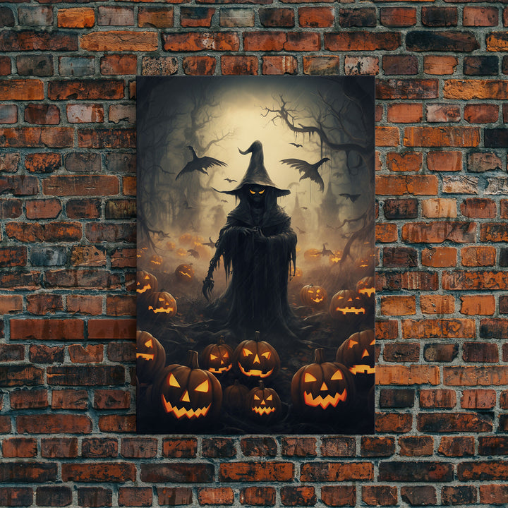 The Scarecrow and the Jack O Lantern Field, Framed Canvas Print, Halloween Canvas, Spooky Decor, Cottagecore Spooky Art