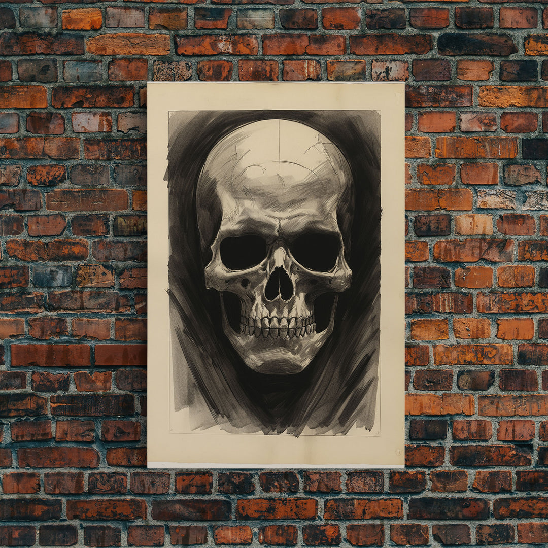 The Death Mask, Charcoal Sketch, Framed Canvas Print, Halloween Decor, Halloween Wall Art, Skull Portrait, Oddities, Witchy Decor