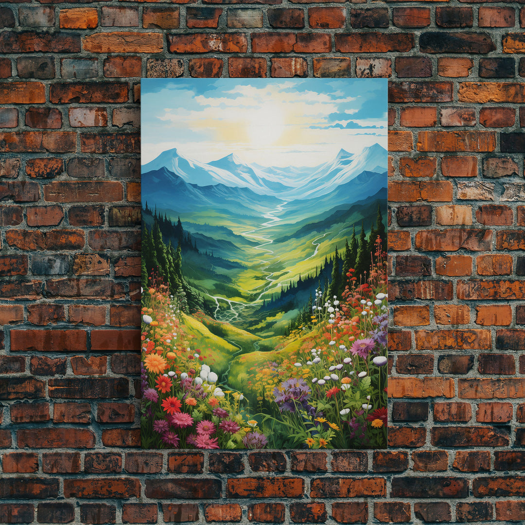 Wildflower Meadow, Mountains Wall Art, Landscape Art, Spring Decor, Canvas Print, Wall Art, Vertical Art, Living Room Wall Art, Hostess Gift