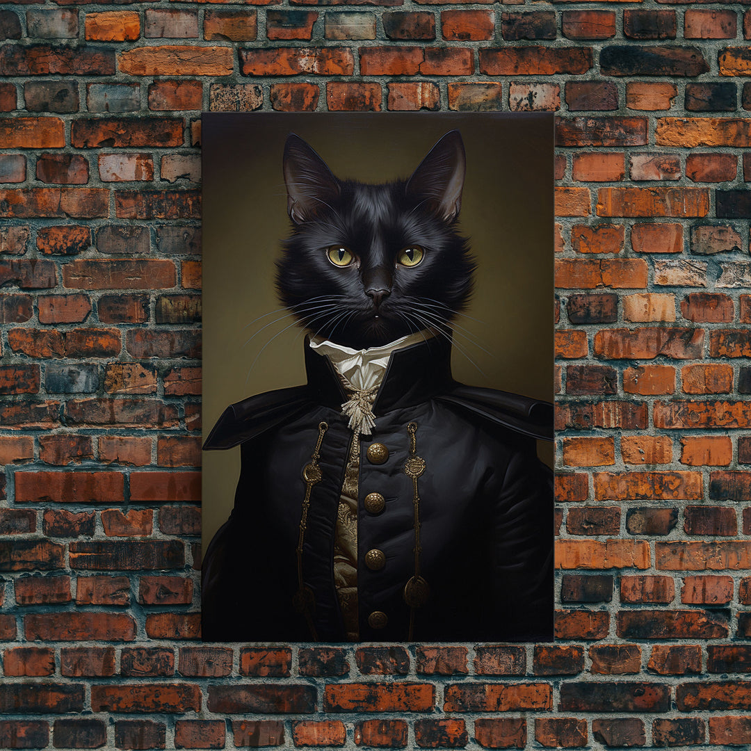 Admiral Meow Reporting For Duty, Victorian Cat Portrait Art, Framed Canvas Print, Gothic Dark Academia Wall Art