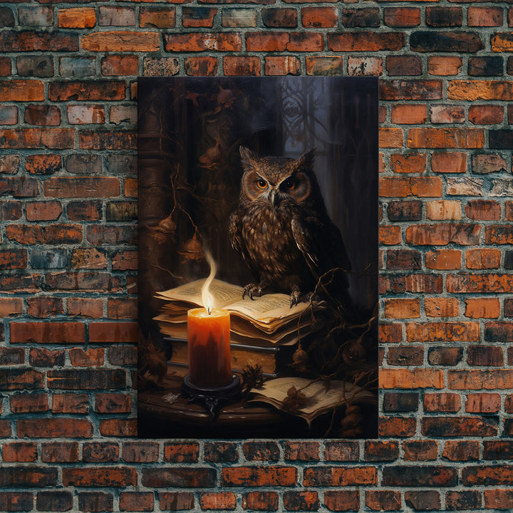 The Witch's Familiar, Framed Canvas Print, Halloween Decor, Halloween Canvas Art, Victorian Owl Oil Painting