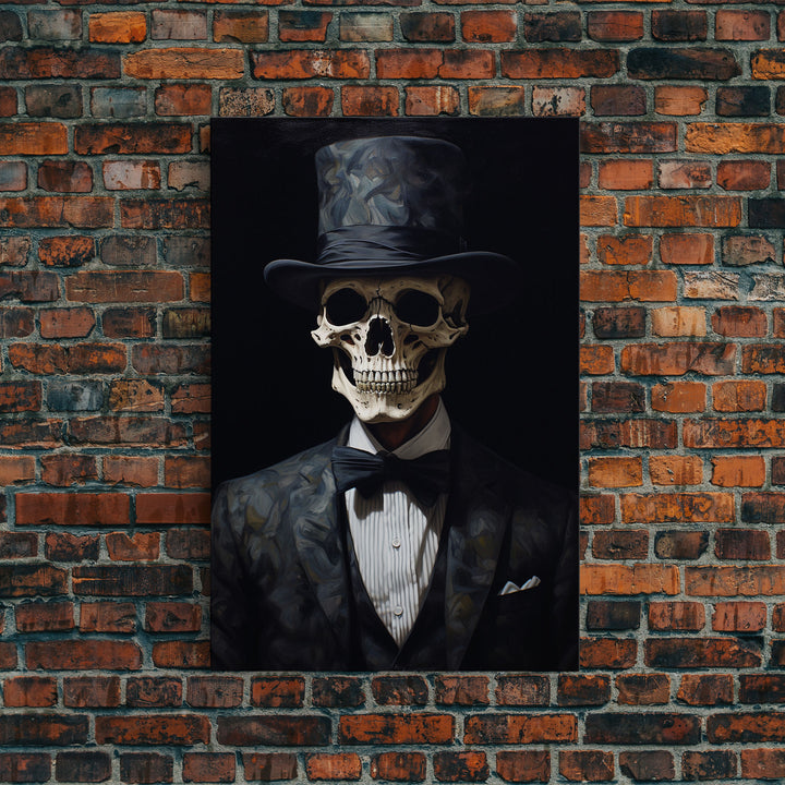 Skeleton In A Bowler Hat, Renaissance Skeleton, Framed Canvas Print, Gothic Halloween Decor, 1920s Style Art Deco Horror Art