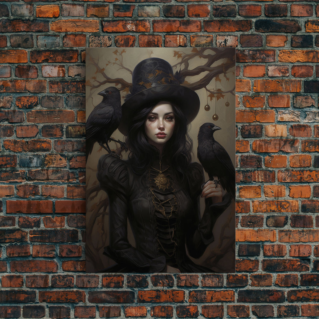 The Witch and Her Ravens, Framed Canvas, Oil Painting Print, Halloween Decor, Gothic Art, Dark Academia, Witchcraft Halloween Art