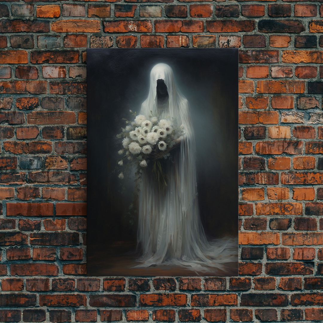 The Ghost With The Flowers, Halloween Canvas Print, Framed Canvas, Unique Wall Art, Goth Art, Dark Academia, Witch Art, Witchcraft